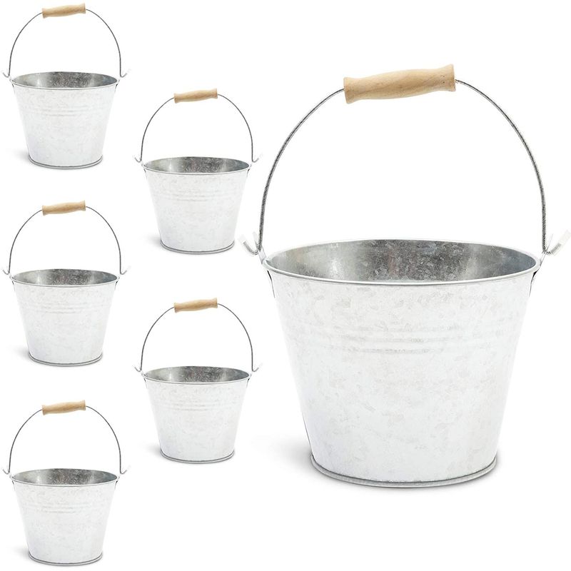 Galvanized Metal Buckets with Wooden Handles for Decoration (4.5 in, 6 Pack)