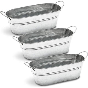Galvanized Metal Oval Planter with Handles for Decor (11.8 x 5.5 x 4 in, 3 Pack)