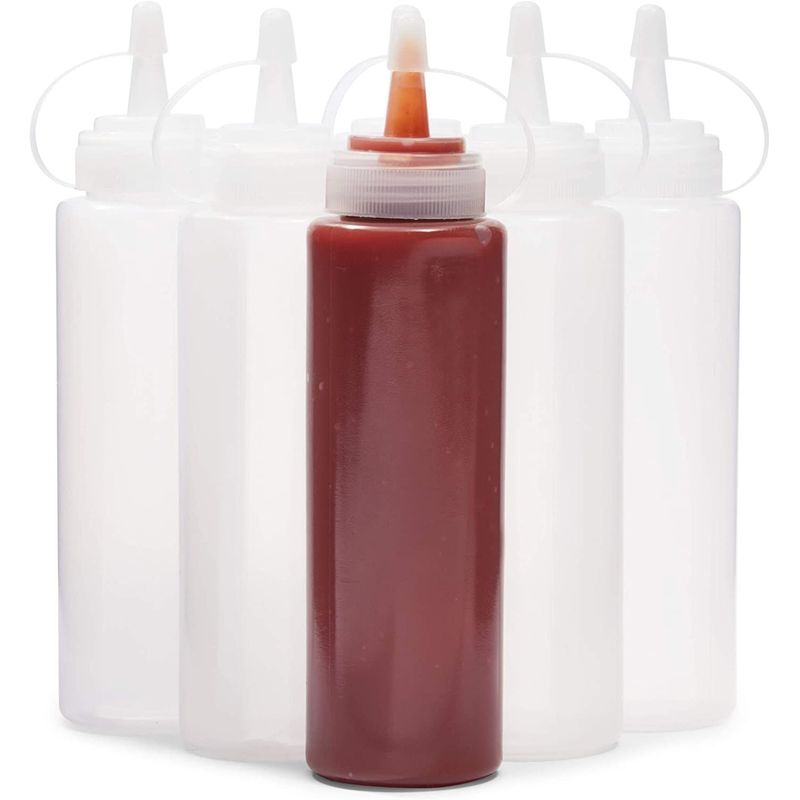 Plastic Condiment Squeeze Bottles with Caps (Clear, 8 oz, 6 Pack)