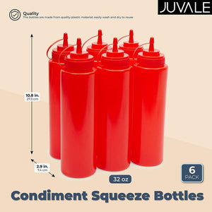 Plastic Condiment Squeeze Bottles (Red, 32 oz, 6 Pack)