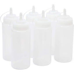 Plastic Condiment Squeeze Bottles with Tipped Caps (Clear, 16 oz, 6 Pack)