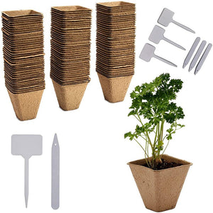 Square Peat Starter Pots with Plastic Plant Labels (3.15 In, 120 Pack)
