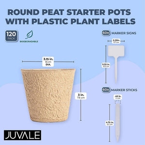 Round Peat Starter Pots with Plastic Plant Labels (3.15 x 3 In, 120 Pack)