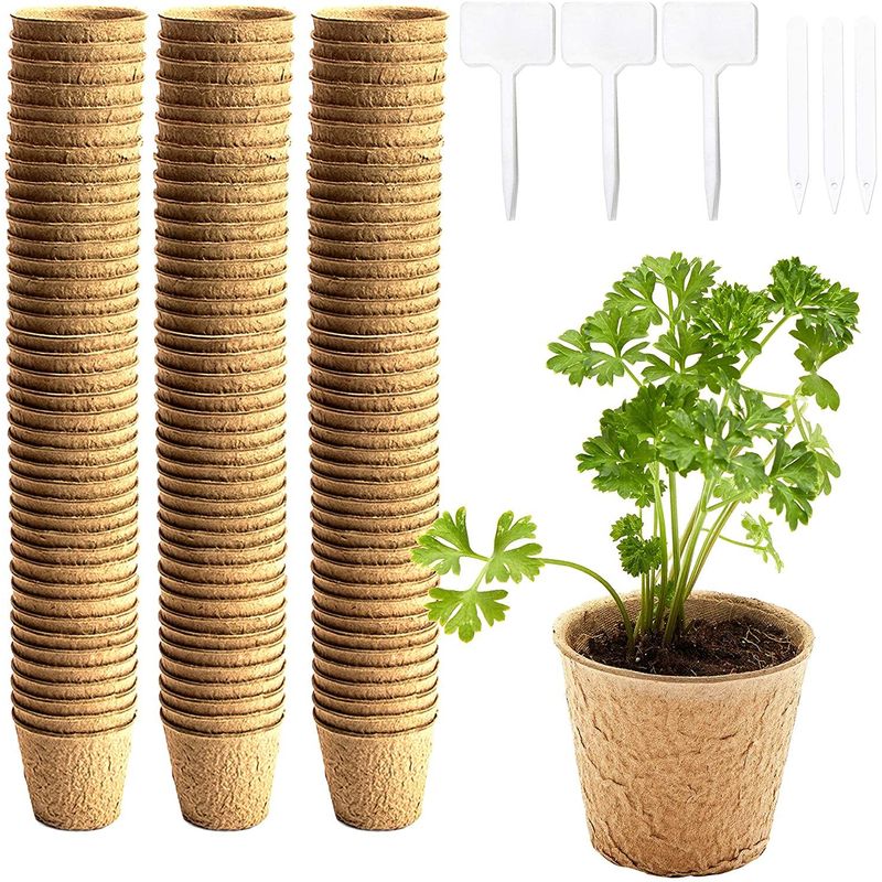 Round Peat Starter Pots with Plastic Plant Labels (2.36 In, 240 Pieces)