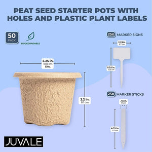 Round Peat Starter Pots with Plastic Plant Labels (4.3 x 3.2 In, 50 Pack)