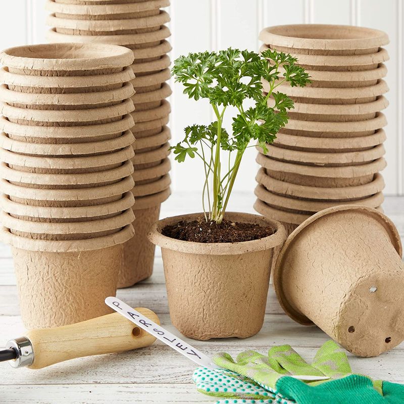 Round Peat Starter Pots with Plastic Plant Labels (4.3 x 3.2 In, 50 Pack)