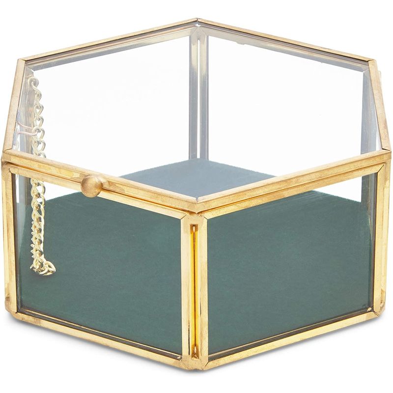 Velvet Glass Jewelry Box, Gold Hexagon Box for Trinkets (5 x 4.5 x 2.1 In)