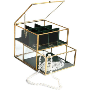 Glass Jewelry Box with Storage Drawers, Green Velvet Organizer (5.5 x 6.1 5.1 In)