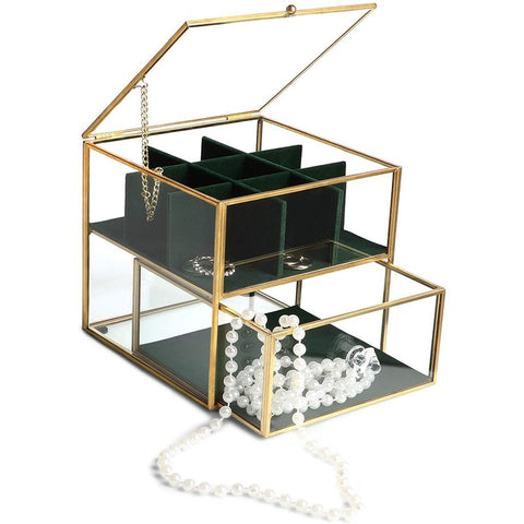 Clear Glass Jewelry Storage Box with Drawers for Women, Green Velvet Tray  Organizer and Lid, Gold, 5.5 x 6.1 in 