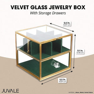 Glass Jewelry Box with Storage Drawers, Green Velvet Organizer (5.5 x 6.1 5.1 In)