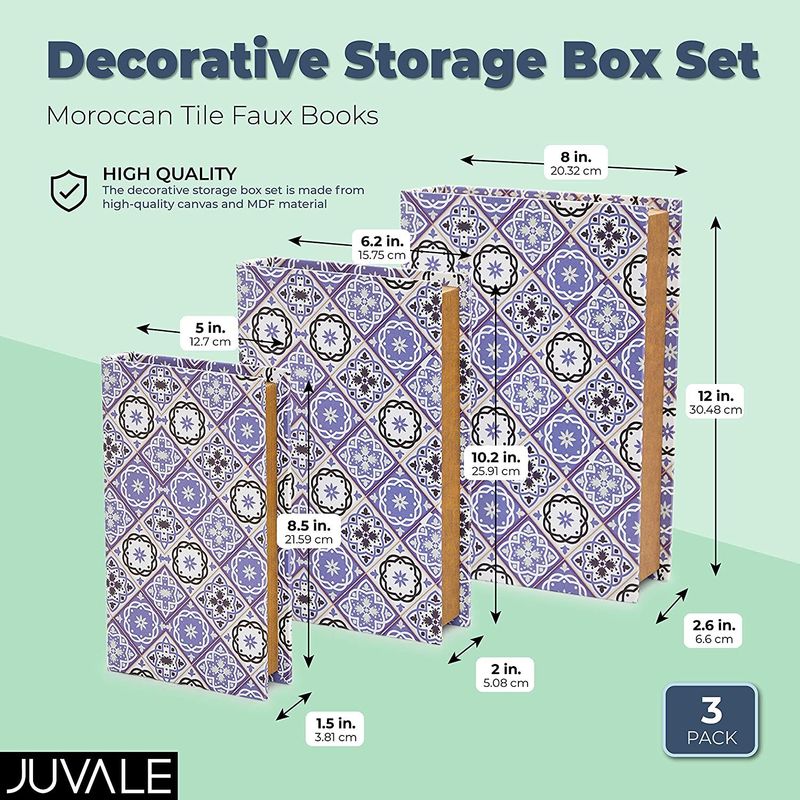 Books Storage Box for Home Decor, Portuguese Tiles (3 Sizes, 3 Pieces)