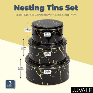 Juvale Black Marble Metal Tins with Lids, Kitchen Canisters (3 Sizes, 3 Pack)