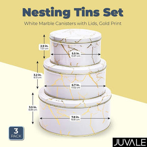 Juvale Nesting Tins Set, White Marble Canisters with Lids, Gold Print (3 Sizes)