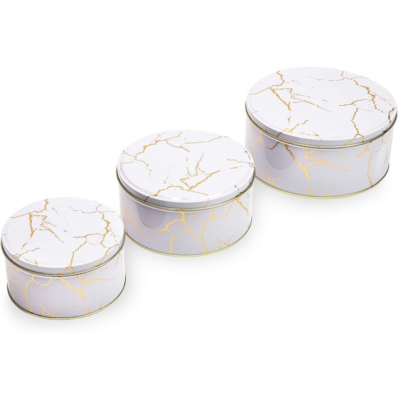 Juvale Nesting Tins Set, White Marble Canisters with Lids, Gold Print (3 Sizes)