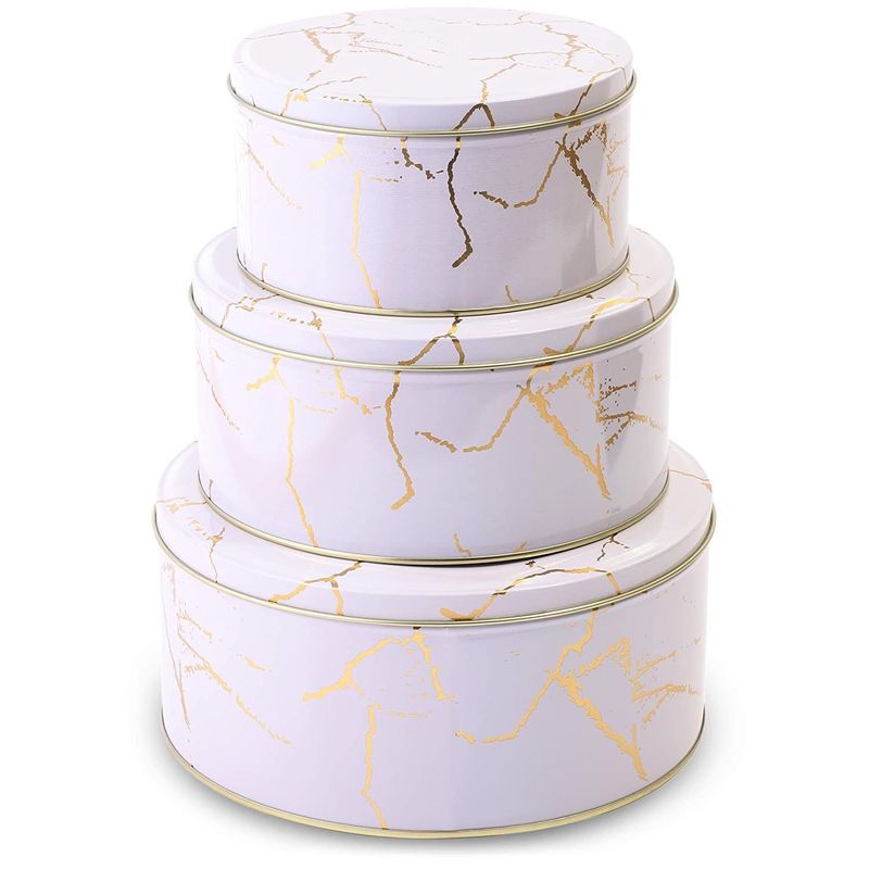 Nesting Tins Set with Lids, Round Cookie Containers (White, 3 Sizes, 3 Pack)