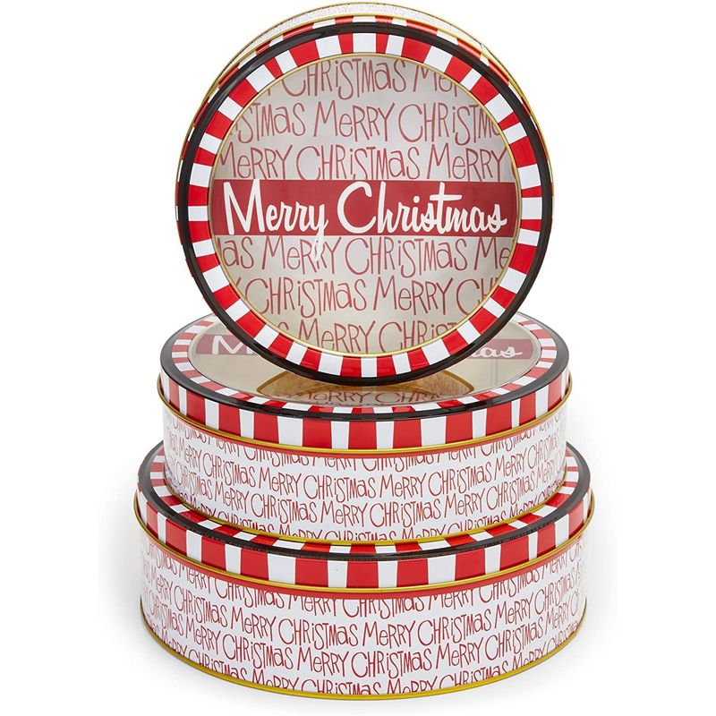 Merry Christmas Cookie Containers and Lids, Round Nesting Tins Set (3 Sizes, 3 Pack)