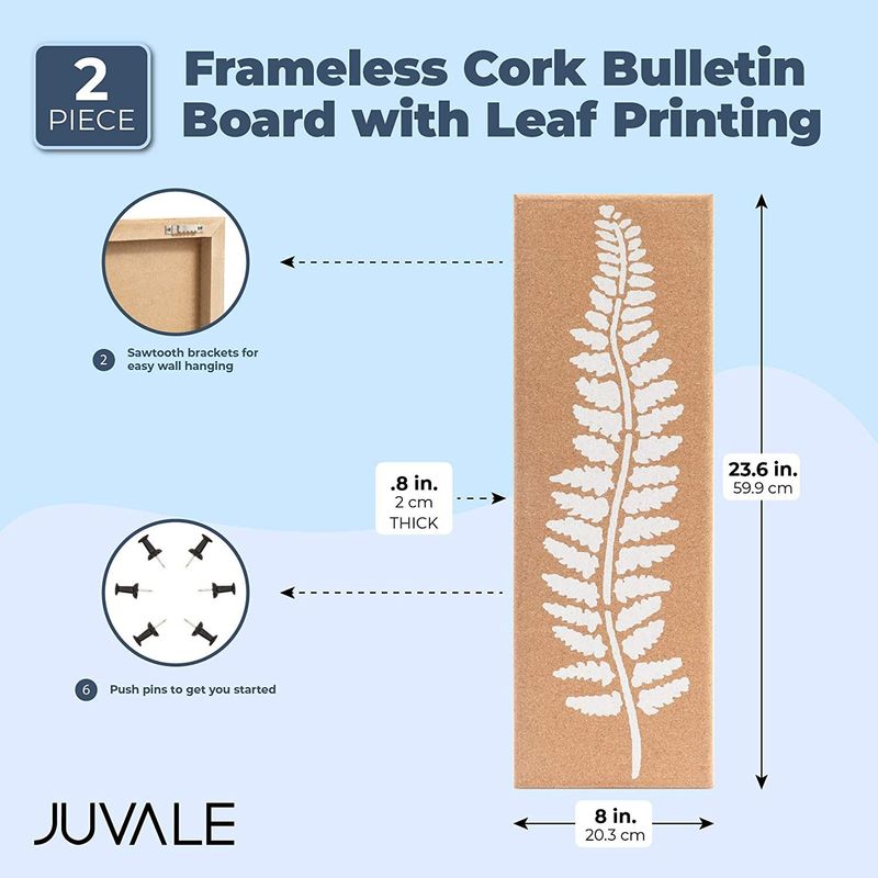 Frameless Cork Bulletin Board with Leaf Printing (8 x 23.6 x 0.8 in,2 Pack)