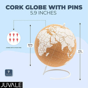 Mini Cork Globe, 6 Push Pins, Educational World Map for Desktop (5.9 x 7.87 in)