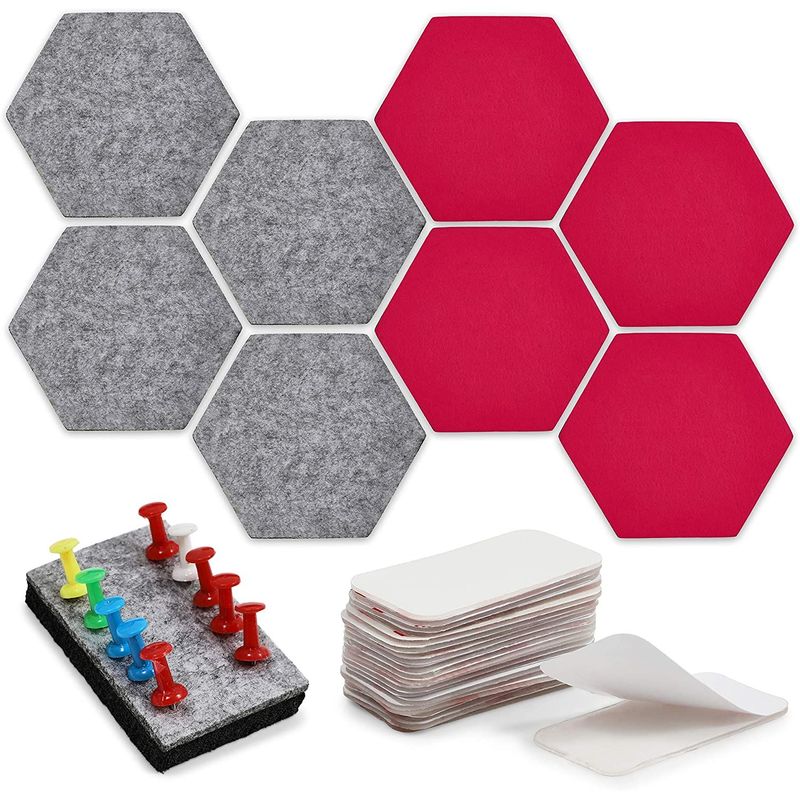 8 Felt Hexagon Bulletin Boards, 10 Push Pins, 20 Adhesives (5.9 x 7 in, 38 Pieces)