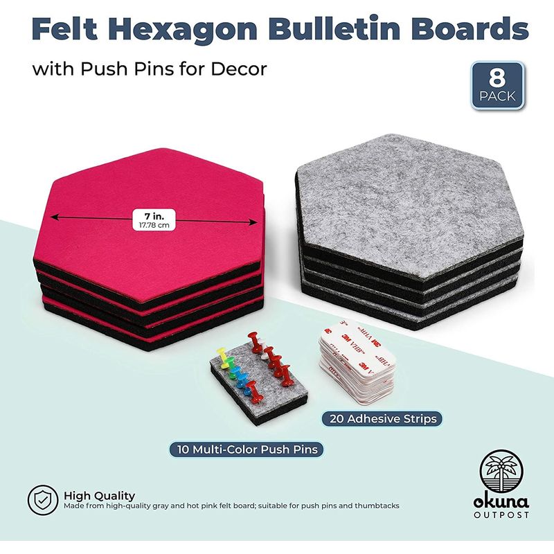 8 Felt Hexagon Bulletin Boards, 10 Push Pins, 20 Adhesives (5.9 x 7 in, 38 Pieces)