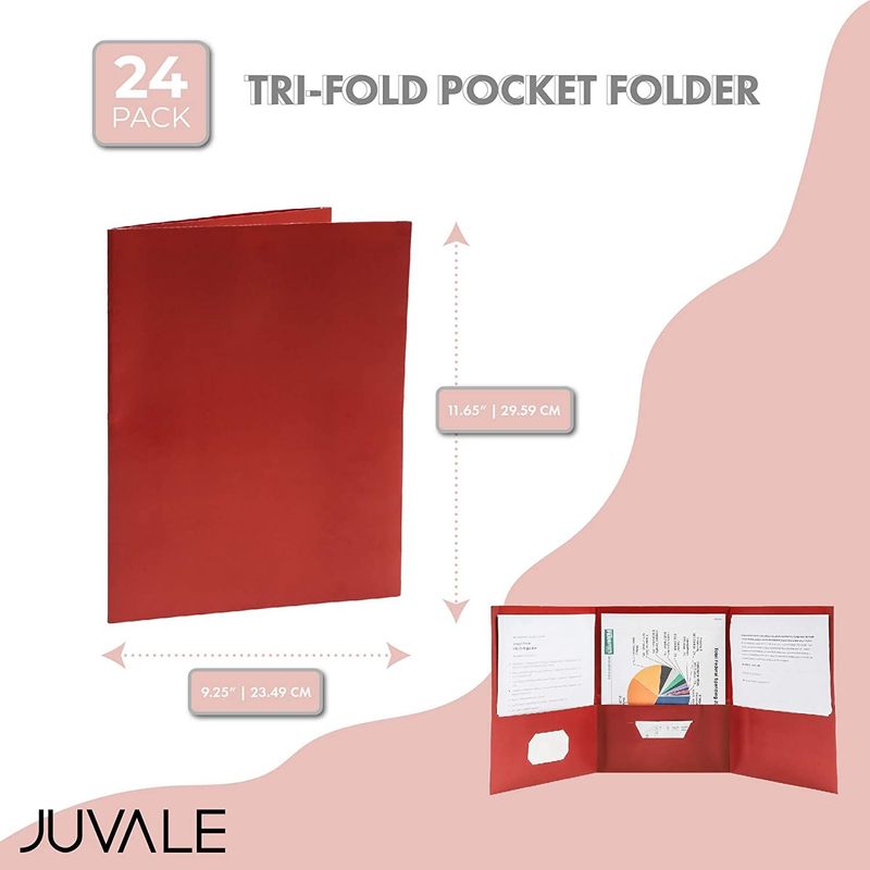 Pocket Folders, Red Tri-Fold File Organizers (11.5 x 9 Inches, 24 Pack)