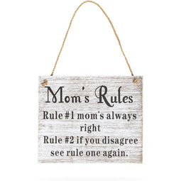 Juvale Hanging Wood Sign, Mom's Rules (9.5 x 11.75 x 1 in)