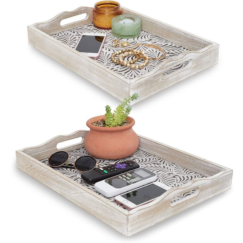 Rustic Wood Coffee Table Serving Tray, Floral Home Décor (2 Pieces)