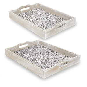 Rustic Wood Coffee Table Serving Tray, Floral Home Décor (2 Pieces)