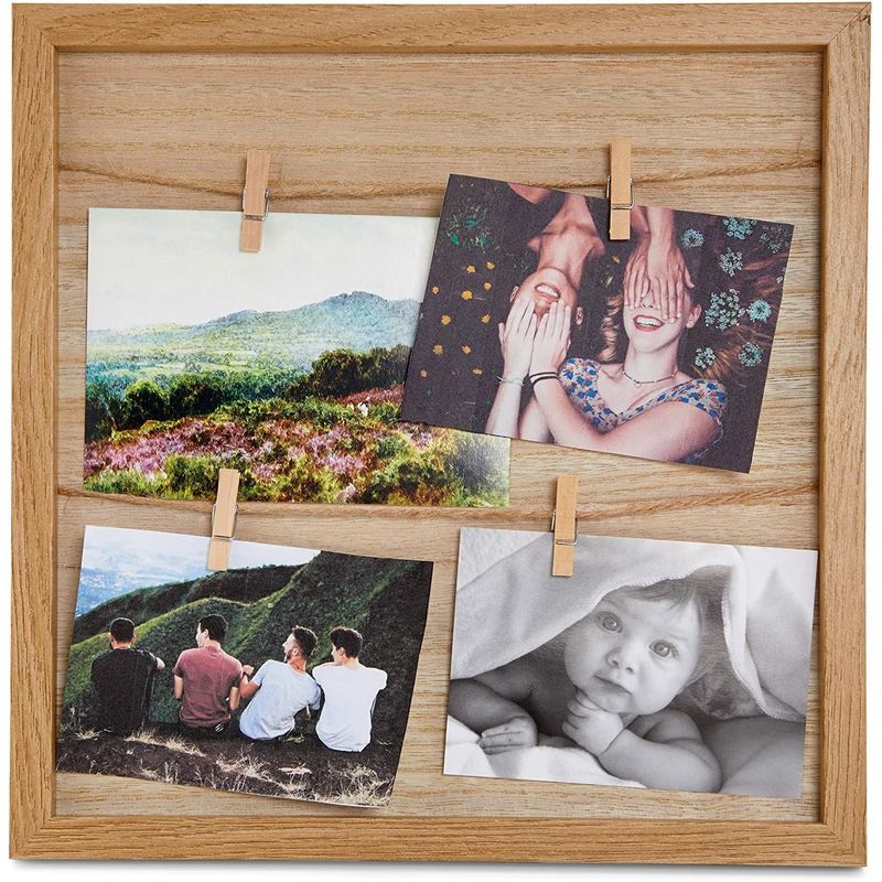 Juvale Wooden Picture Frame with 4 Clips, Rustic Wall Decor (12 x 12 in)