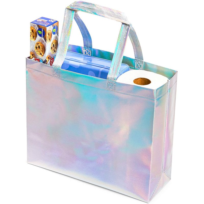 Reusable Grocery Tote Bag with Handles, Holographic (14 x 12 x 5 In, 24 Pack)