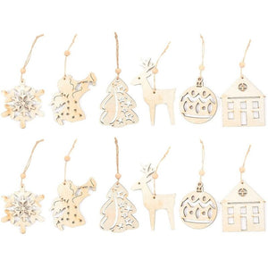 Ornament Set, Unfinished Wooden Christmas Tree Ornaments (6 Designs, 12 Pack)