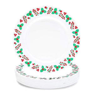 Christmas Party Plates, Reusable Party Supplies, Holly and Mistletoe Design (9 In, 24 Pack)