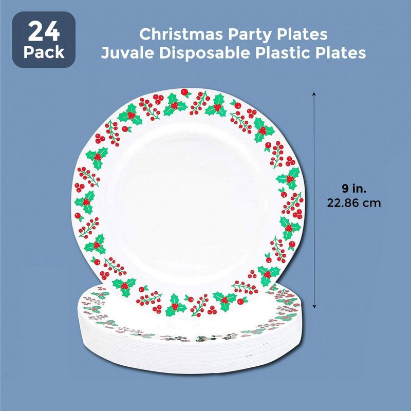 Christmas Party Plates, Reusable Party Supplies, Holly and Mistletoe Design (9 In, 24 Pack)