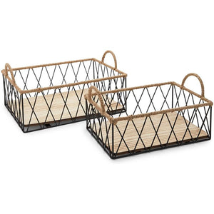 Wire Baskets Set with Handles, Wood Organizing Bins (2 Sizes, 2 Pack)