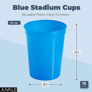 Blue Stadium Cups, Reusable Plastic Party Tumblers (16 oz, 16 Pack)