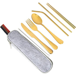 Camping Utensils Set with Case, Stainless Steel (Gold, 8 Pieces)