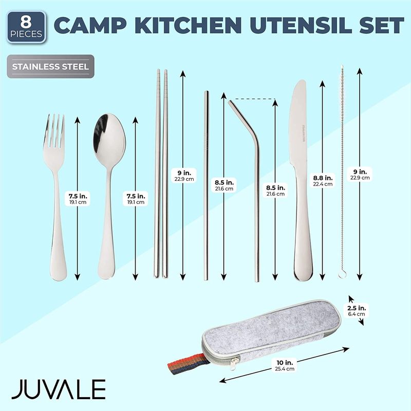 Camping Utensil Set with Case, Stainless Steel (Silver, 8 Pieces)