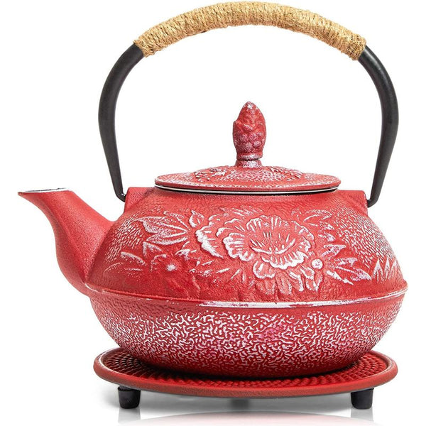 Red Cast Iron Japanese Teapot with Handle, Infuser, and Trivet (800 ml, 27 oz)