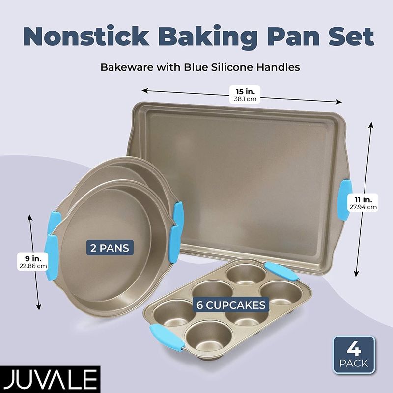 Nonstick Baking Pan Set, Bakeware with Blue Silicone Handles (4 Pack)