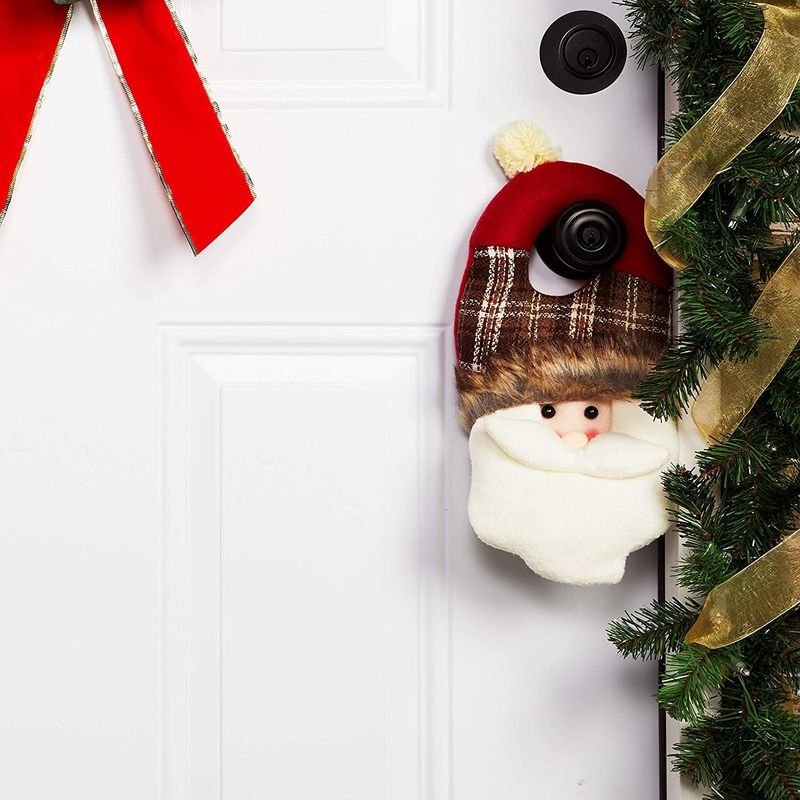Christmas Door Knob Hanger for Front Door, Santa and Snowman (Buffalo Plaid, 2 Pieces)
