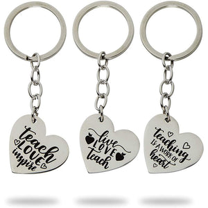 Teacher Heart Keychains, Thank You Appreciation Gifts (Stainless Steel, 3 Pack)