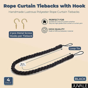 Black Rope Curtain Tiebacks with Hooks, Holdbacks for Drapes (26 in, 2 Pairs)