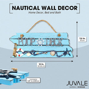 Blue Nautical Poop Deck Hanging Wall Sign Beach Ocean Theme (12 x 7.5 In)