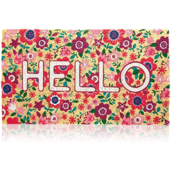 Natural Coir Welcome Mat with Flowers, Floral Hello Doormat (30 x 17 In)