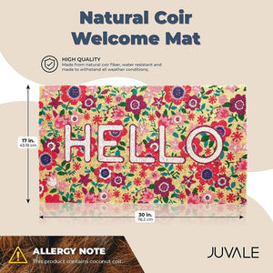 Natural Coir Welcome Mat with Flowers, Floral Hello Doormat (30 x 17 In)