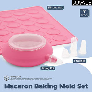 Macaron Baking Tray Set with Silicone Mat, Piping Pot, Nozzles (Pink, 7 Pieces)