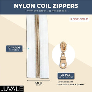 White #5 Coil Zippers with 25 Rose Gold Replacement Sliders (10 Yards)