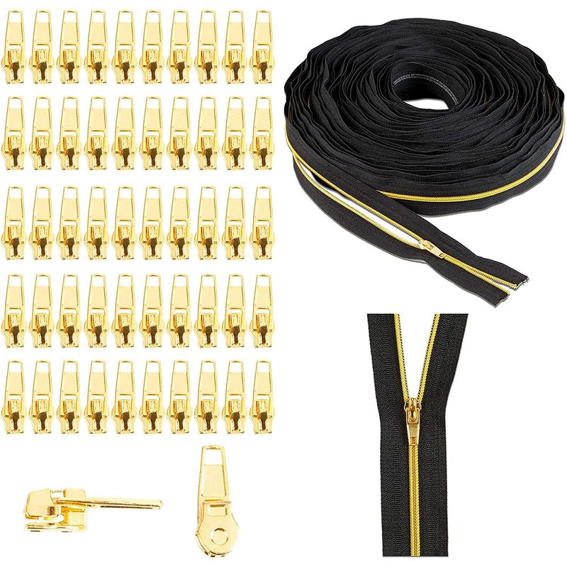 Coil Zippers with Replacement Sliders for Sewing (Gold, 25 Yards, 50 Pieces)