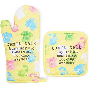 Oven Mitt and Pot Holder Set for Baking, Can't Talk (Yellow, 2 Pieces)