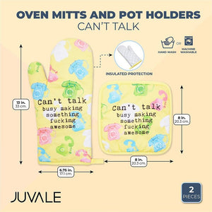 Oven Mitt and Pot Holder Set for Baking, Can't Talk (Yellow, 2 Pieces)